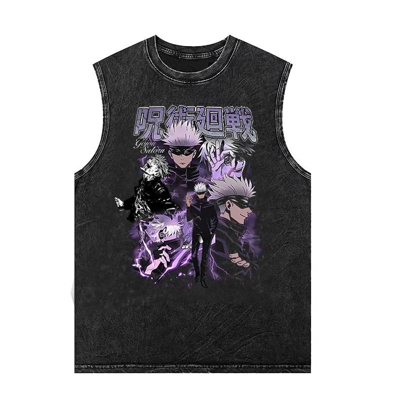 Men's Tank Tops Anime Gojo Jujutsu Man Sleeveless Shirt Summer New Women's Oversized Vintage Washed Vest Gym T Shirt Y2k Clothes