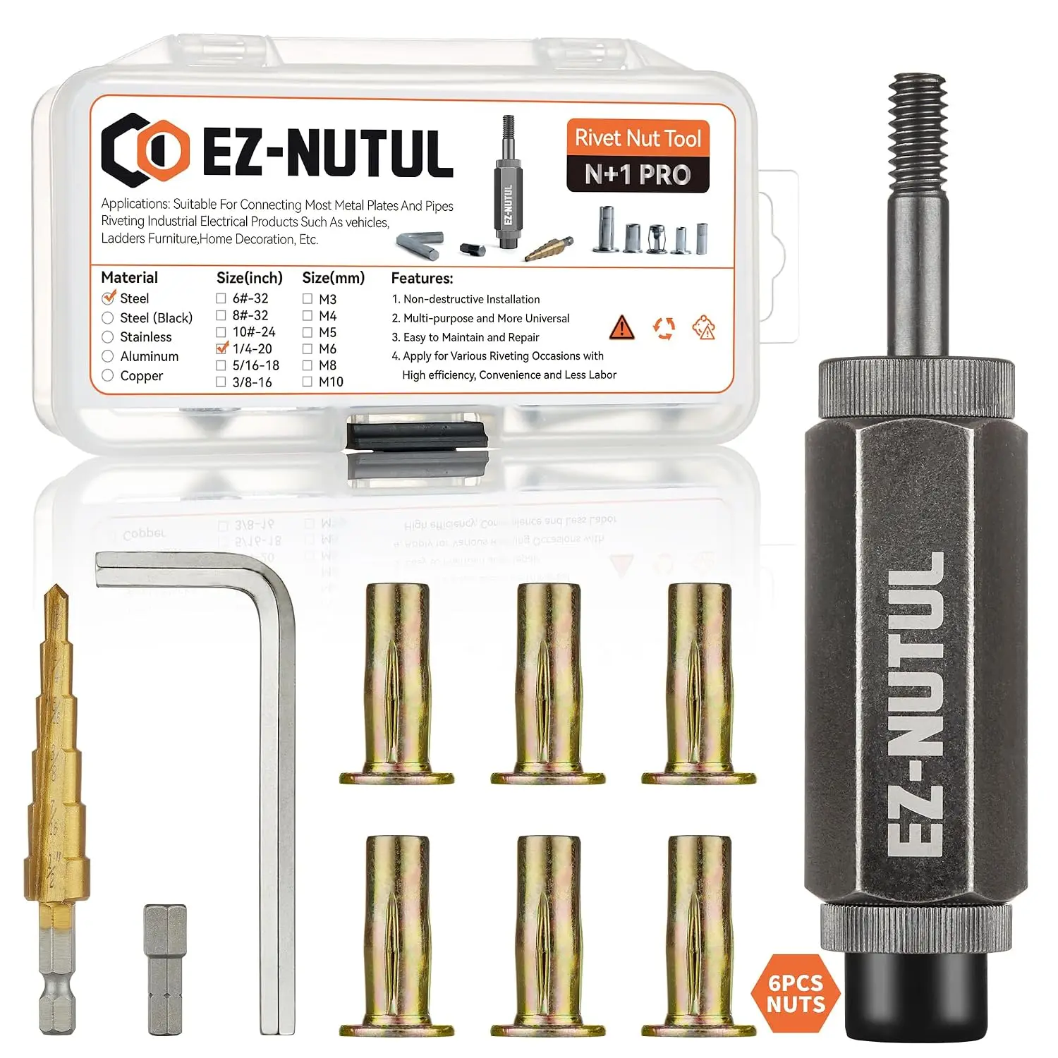 Multi-Grip Rivet Nut Installation Tool Set Pre-Bulbed Shank Flat Head Threaded Insert Nut Plus Nuts Assortment Kit Rivnut for Construction Industrial (1/4-20(Plus Nut Tool-6pcs))