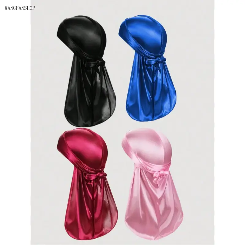Unisex 4 Pack Solid Silk Durags with Elastic Band, Extra Long Tail Breathable Soft Head Wrap, Stretch Comfort Head Scarf for Hair Waves Daily Casual Hairstyle Wear,Gold-Plated,Marine,Corps,Leather,Hat