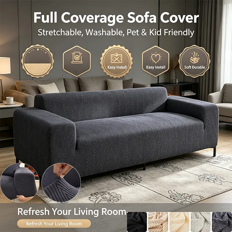 Universal Stretch Sofa Cover 1/2/3/4 Seater, Elastic Jacquard Couch Slipcover, Non-Slip Washable Furniture Protector for Pets Kids, Fit All Shape Sofa, Modern Textured Slipcover for Living Room