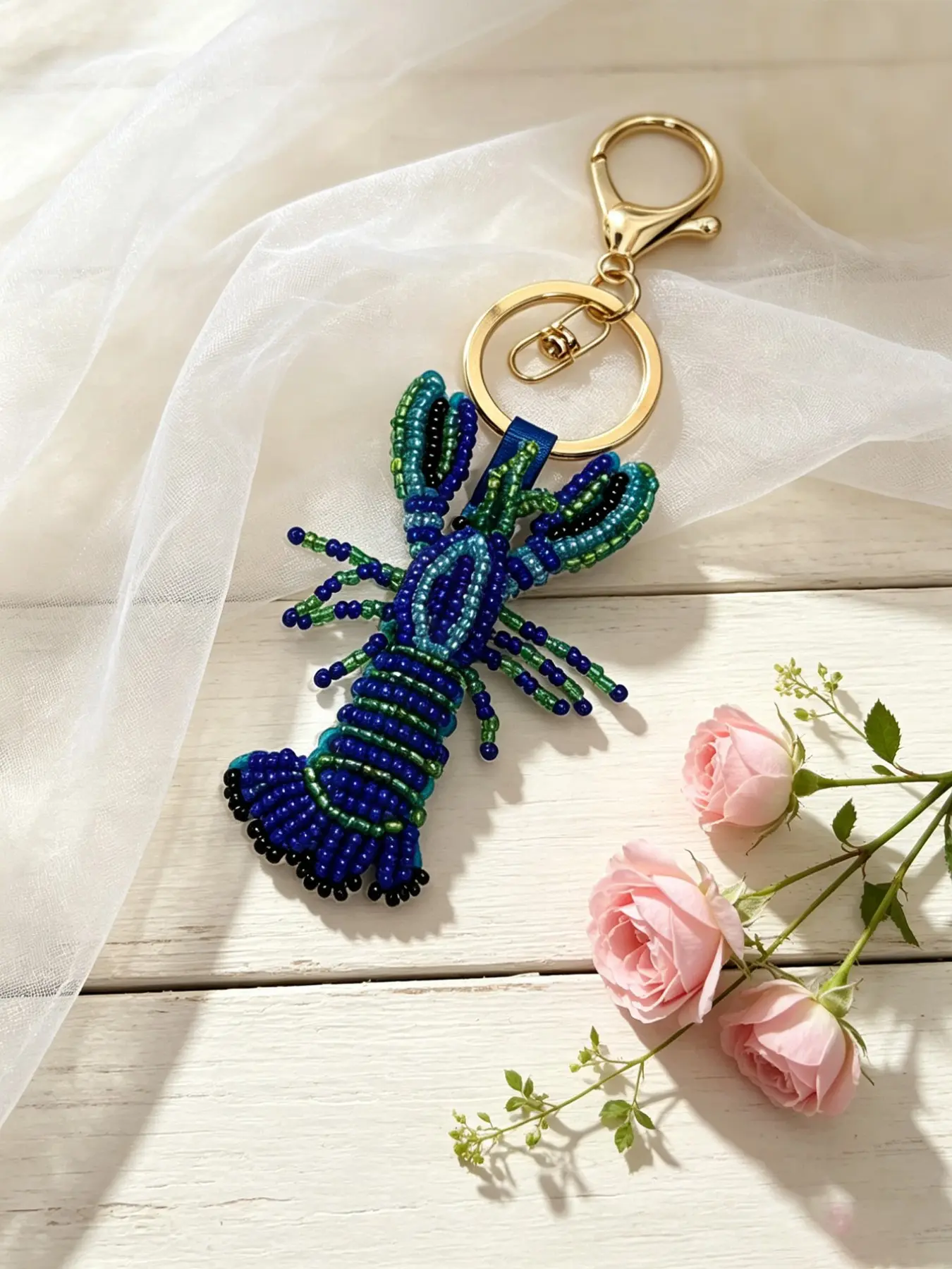 Deep Sea Blue Colorful Bead Lobster Keychain, Handmade Stitching, Cute Cartoon Pendant, All Seasons Beach Bag Decor, Key Charms