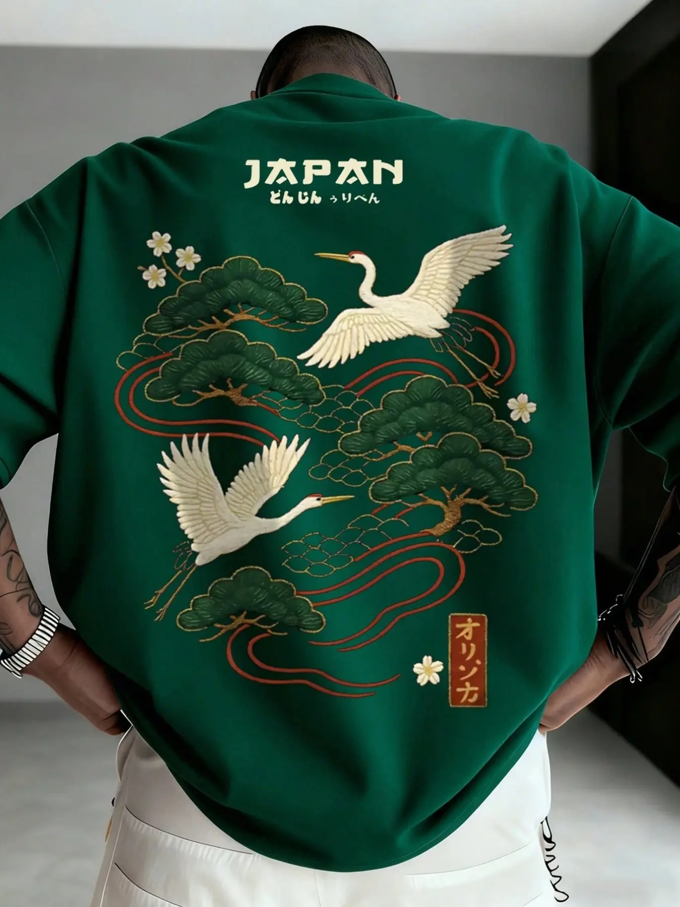 Vintage Japanese Style T-Shirt, Crane Pine Graphic Print, Casual Short Sleeve Top, Wrinkle-Resistant Fabric, Versatile Streetwear for Daily Wear