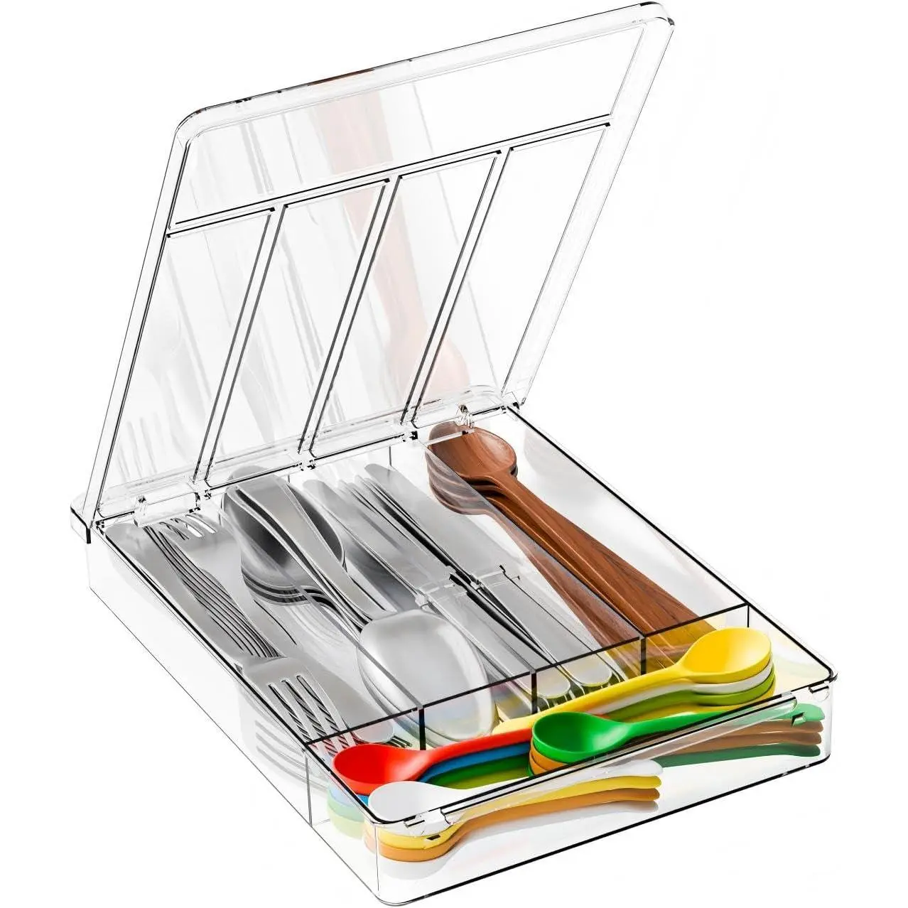Clear Silverware Organizer with Lid - 9 inch Wide - Small Silverware Drawer Organizer & Tray and Utensil Drawer Organizers with Lid, Plastic Flatware Drawers Organizers for Fork,Spoon