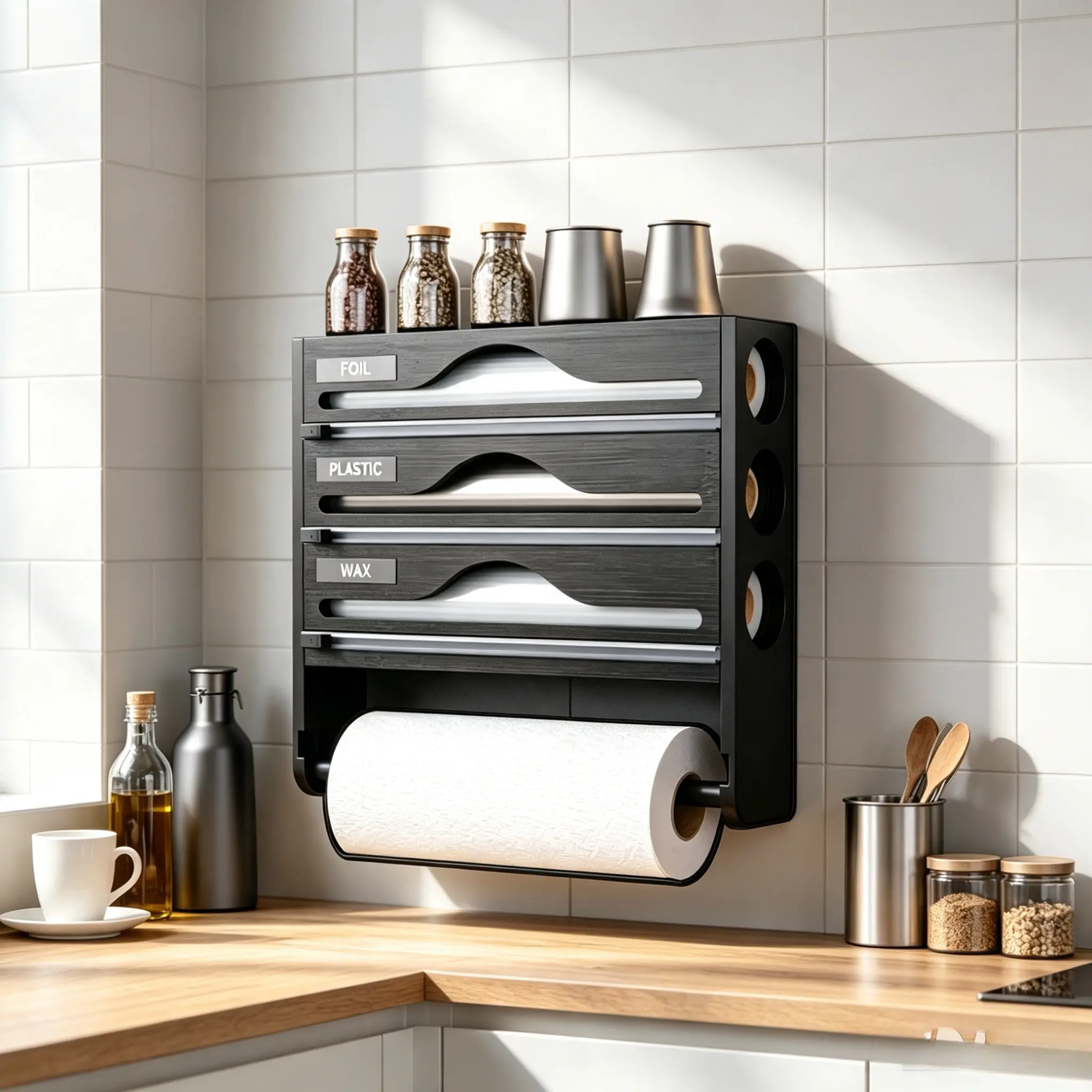 Three-In-One Kitchen Storage Organizer, Convenient Film Cutter Holder, Holds Aluminum Foil, Parchment Paper, Roll Paper, Multi-Functional Kitchen Tool Box