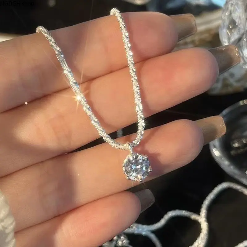 Round Brilliant Cut Diamond Solitaire Pendant Necklace for Women, 14K White Gold Plated Sterling Silver 6 Prong Moissanite Dainty Chain, Aesthetic Wedding Anniversary Birthday Jewelry Gift for Her