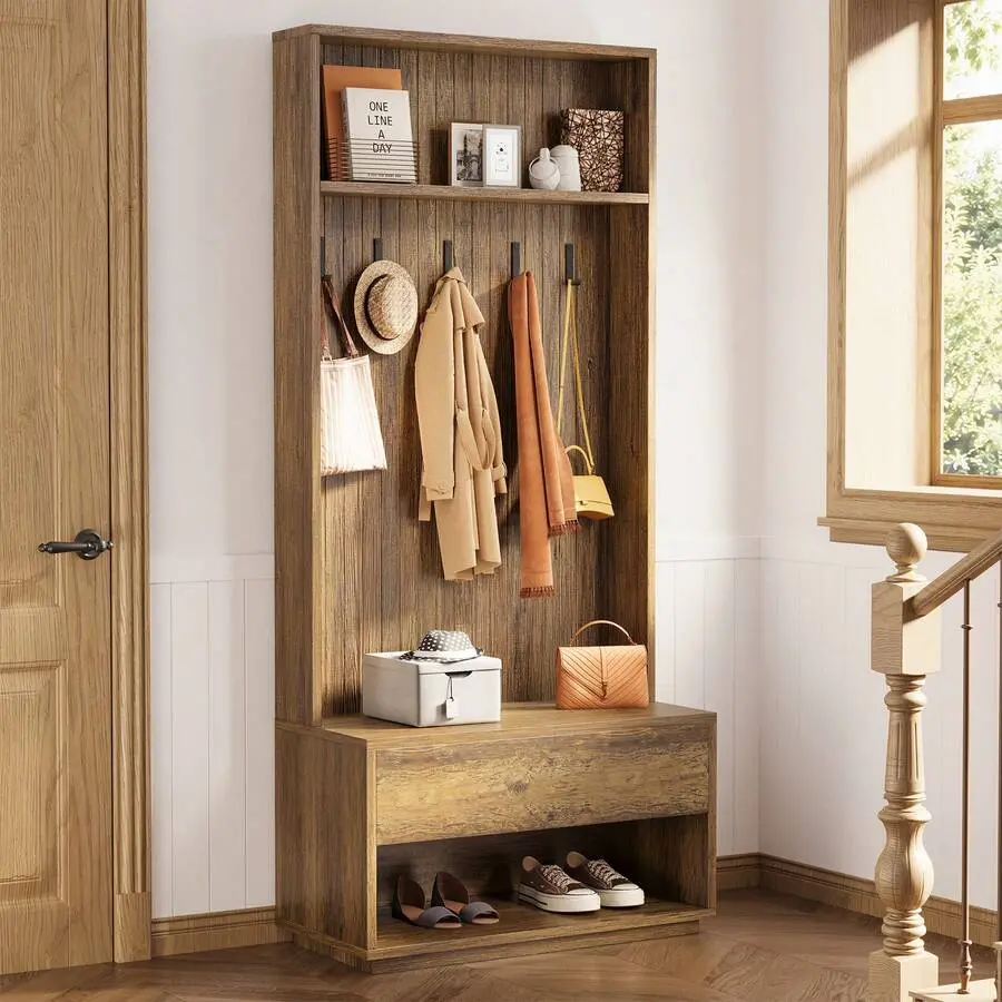 70.9" Rustic MDF Entryway Hall Tree With 5 Coat Hooks, Shoe Bench, Drawer & Open Shelves, 4-In-1 Mudroom Organizer