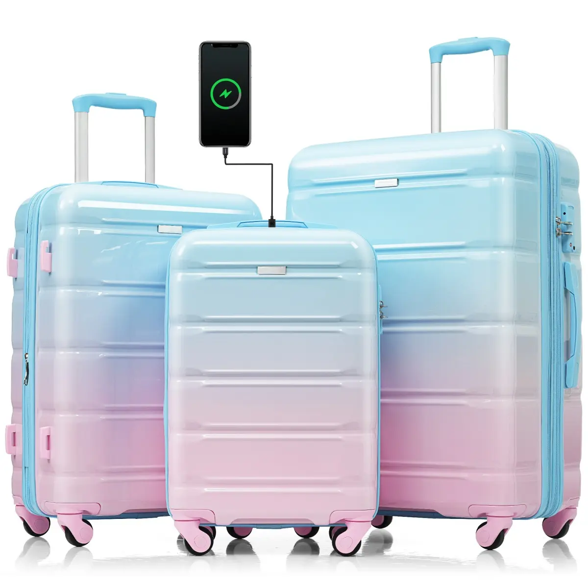 Luggage Set of 3, 20-inch with USB Port, Airline Certified Carry-on Luggage, ABS+PC Hard Shell Luggage with Spinner Wheels, 20“/24"/28" light blue and pink