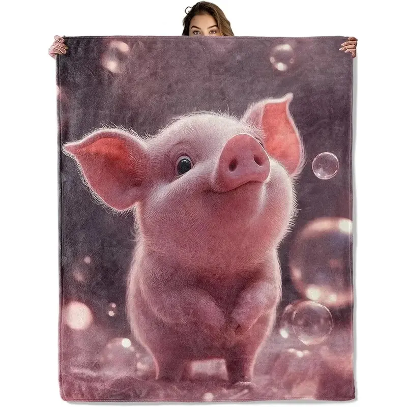 Cute Pink Pig Plush Flannel Blanket Inches - Soft Pink with Big Eyes & floppy ears, All-Season Cozy Throw for Bed, Sofa,