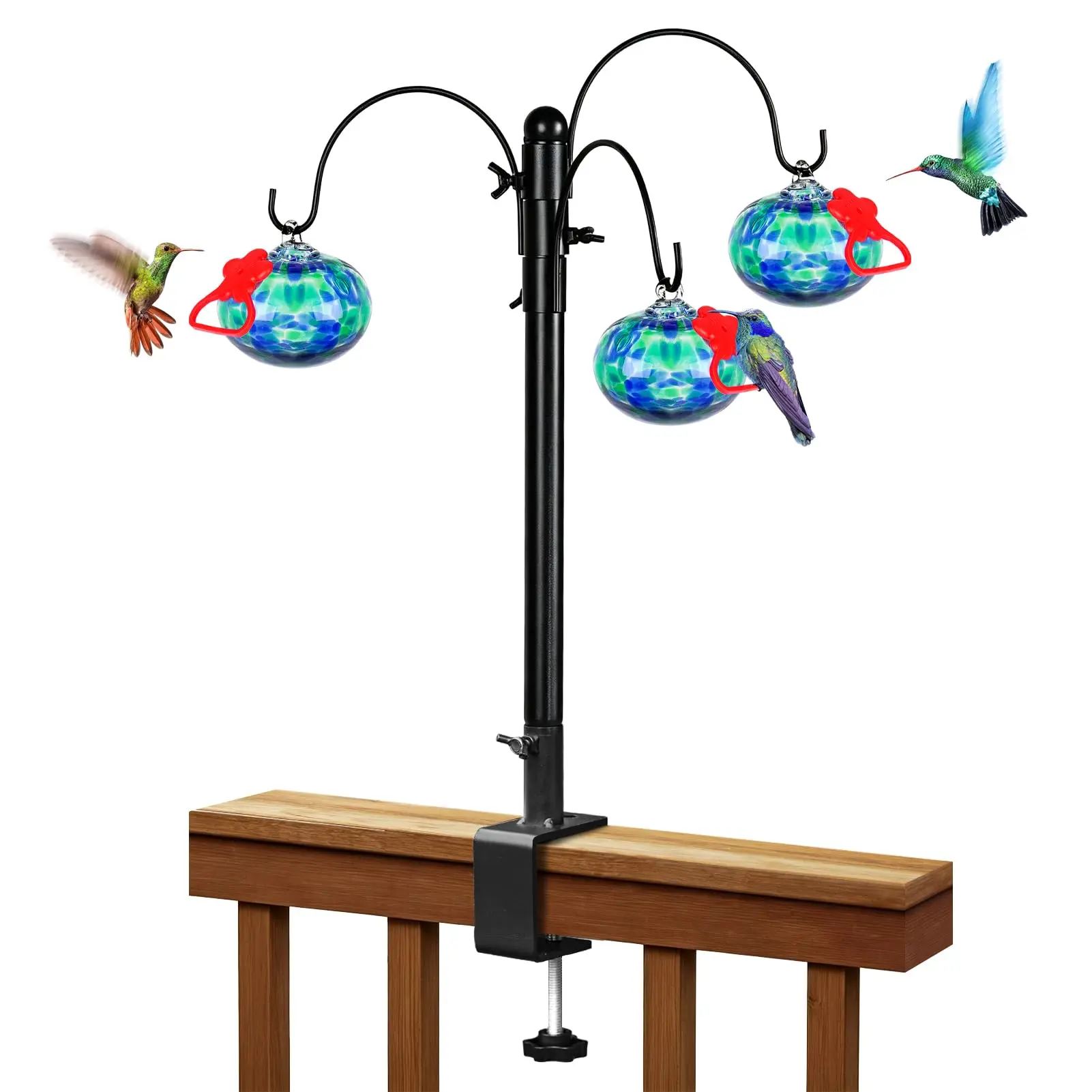 Headak life 15 inch Hummingbird Feeder Deck Hook for Railing, Hand Blown Glass Hummingbird Feeders for outdoors with Clamp-On Stand, Adjustable Outdoor Bird Feeder Pole for Deck,Garden Gifts for Women