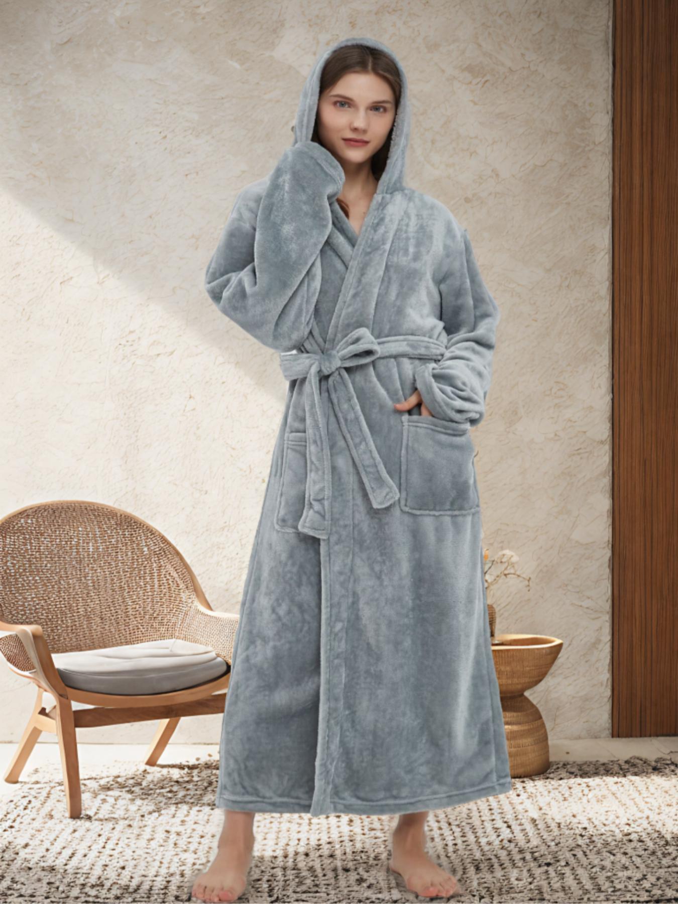 Womenswear Solid Belted Drop Shoulder Hooded Flannel Robe, Fall Wear, Fallfreshness Minimalist Casual Long Sleeve Pocket Wrap Robe for Women, Hooded Robe, Casual Robe, Women's Sleepwear for Winter