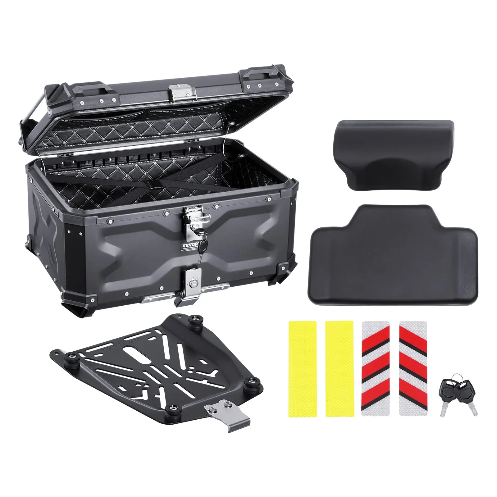 Motorcycle Top Case, Universal Aluminum Alloy Motorbike Tail Box with Leather Lining, 65L Waterproof Detachable Motorcycle Top Box with Lock Back Cushion, Fit for 99 of Motorcycle Frames