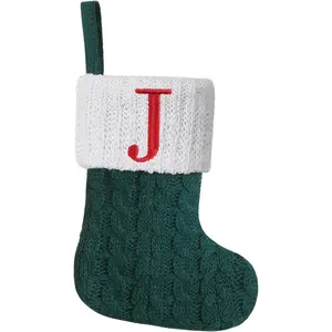 8.5 Inches Mini Green Knit Embroidered Initial Monogram Christmas Stocking Letter J, Family Fireplace Hanging Ornament Xmas Holiday Decor Gift