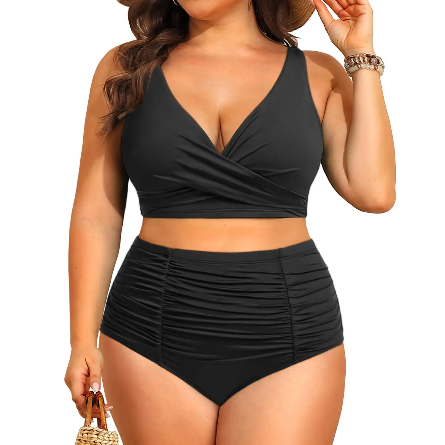 Holipick Plus Size Swimsuit for Women Two Piece Swimsuit High Waisted Bikini Tummy Control Bathing Suits Twist Front Swimwear V Neck with Full Coverage Bottom Ruched Swimsuits