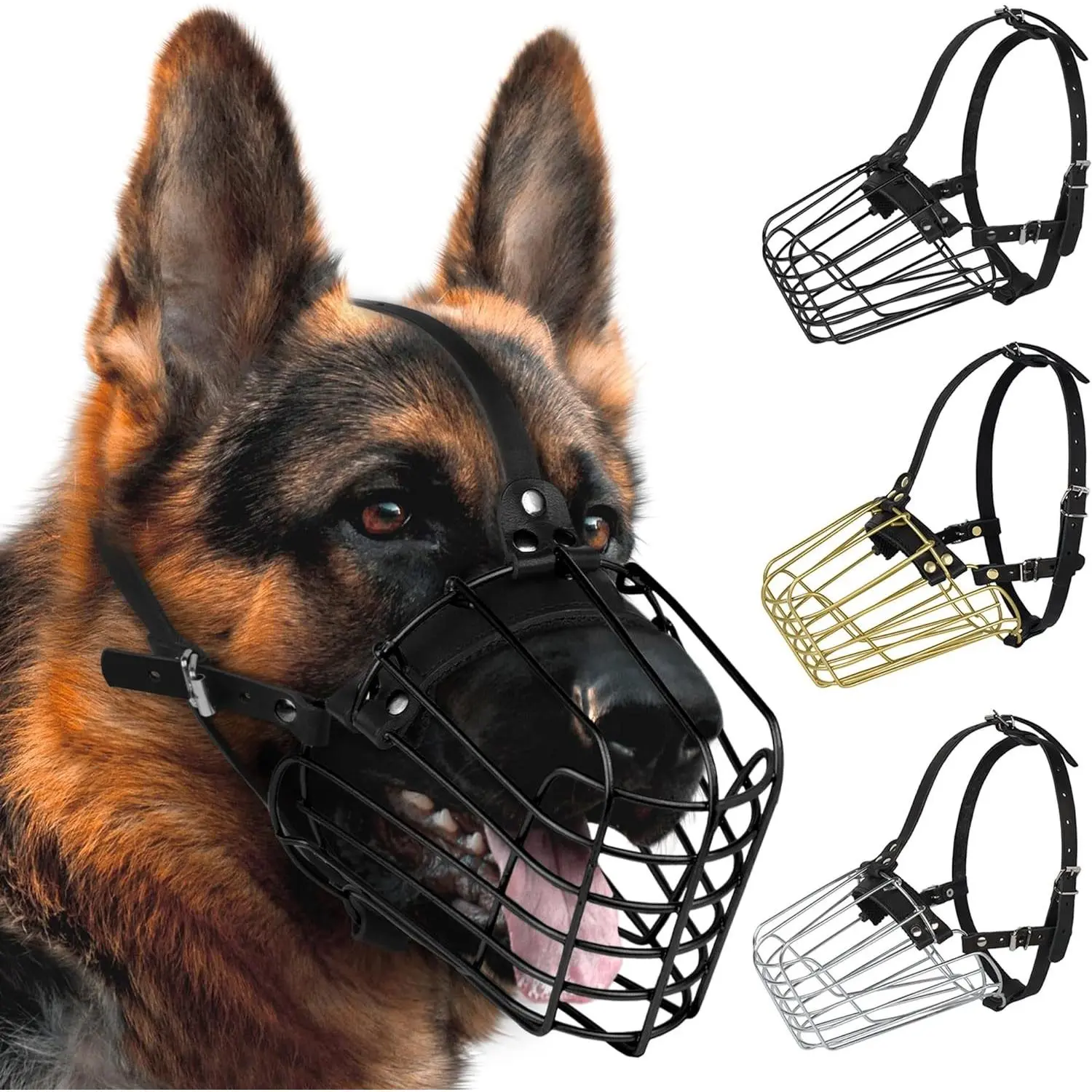 German Shepherd Metal Frame Dog Muzzle - Training Mask for Medium-Large Dogs, Adjustable Straps, Durable Leather, Secure Fit, Prevents Biting (Black, L-Size)