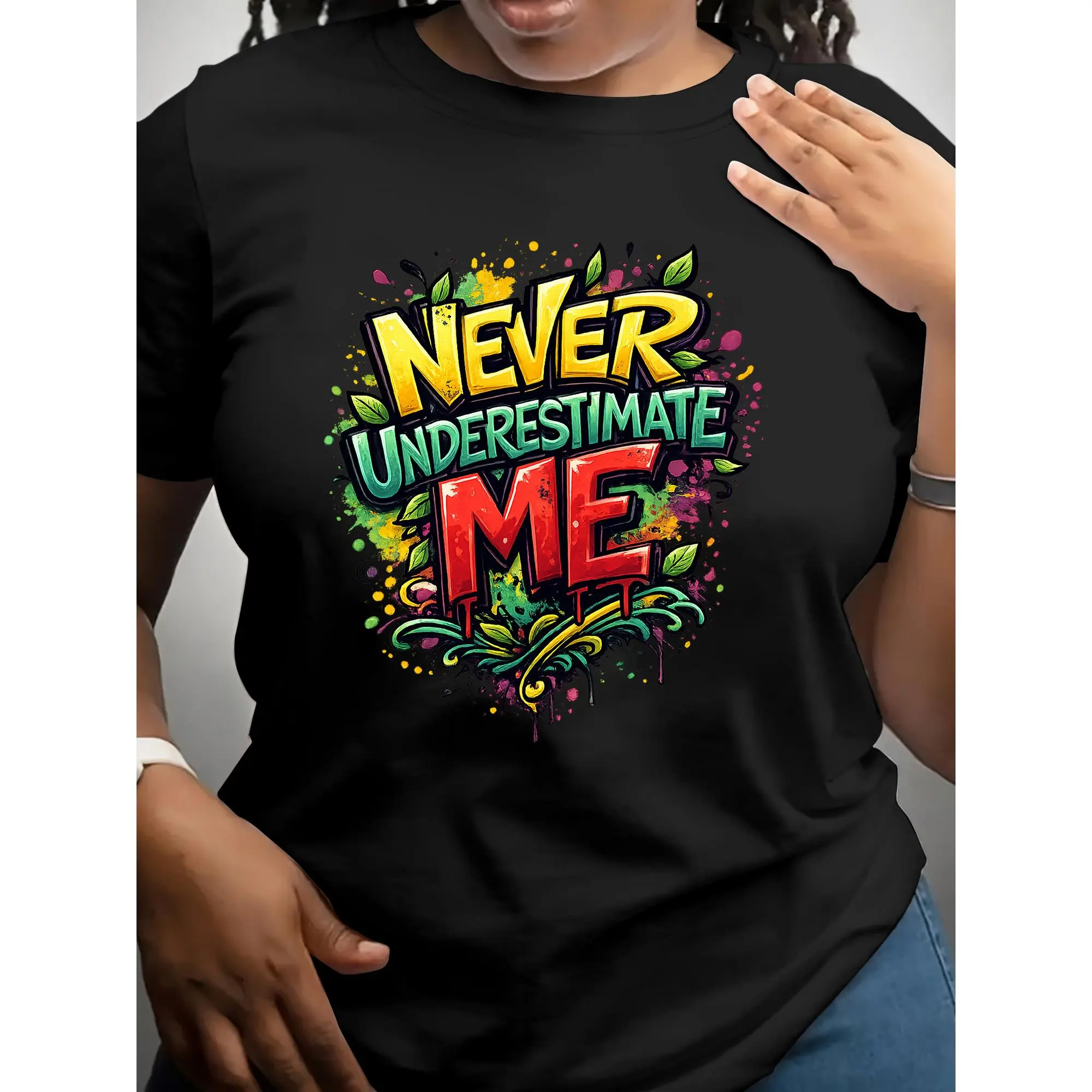 2026 New Boho Graffiti Empowerment Statement Short-Sleeve Round-Neck T-Shirt - Full "Never Underestimate Me" Playful Color Slogan, Casual Streetwear Sports Top for Free Spirits, Music Festivals, Shortsleeve