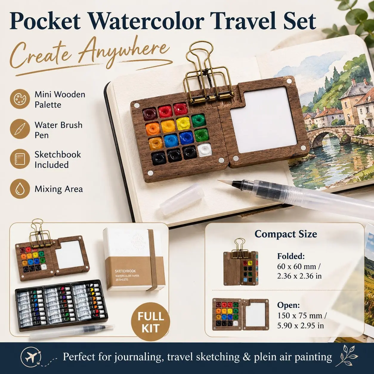 Mini Watercolor Travel Paint Set, Portable Pocket Watercolor Palette Kit with Vibrant Colors, Sketchbook, Water Brush Pen, Compact Travel Art Supplies for Plein Air Painting, Journaling, Students, Beginners & Artists, Art Sets