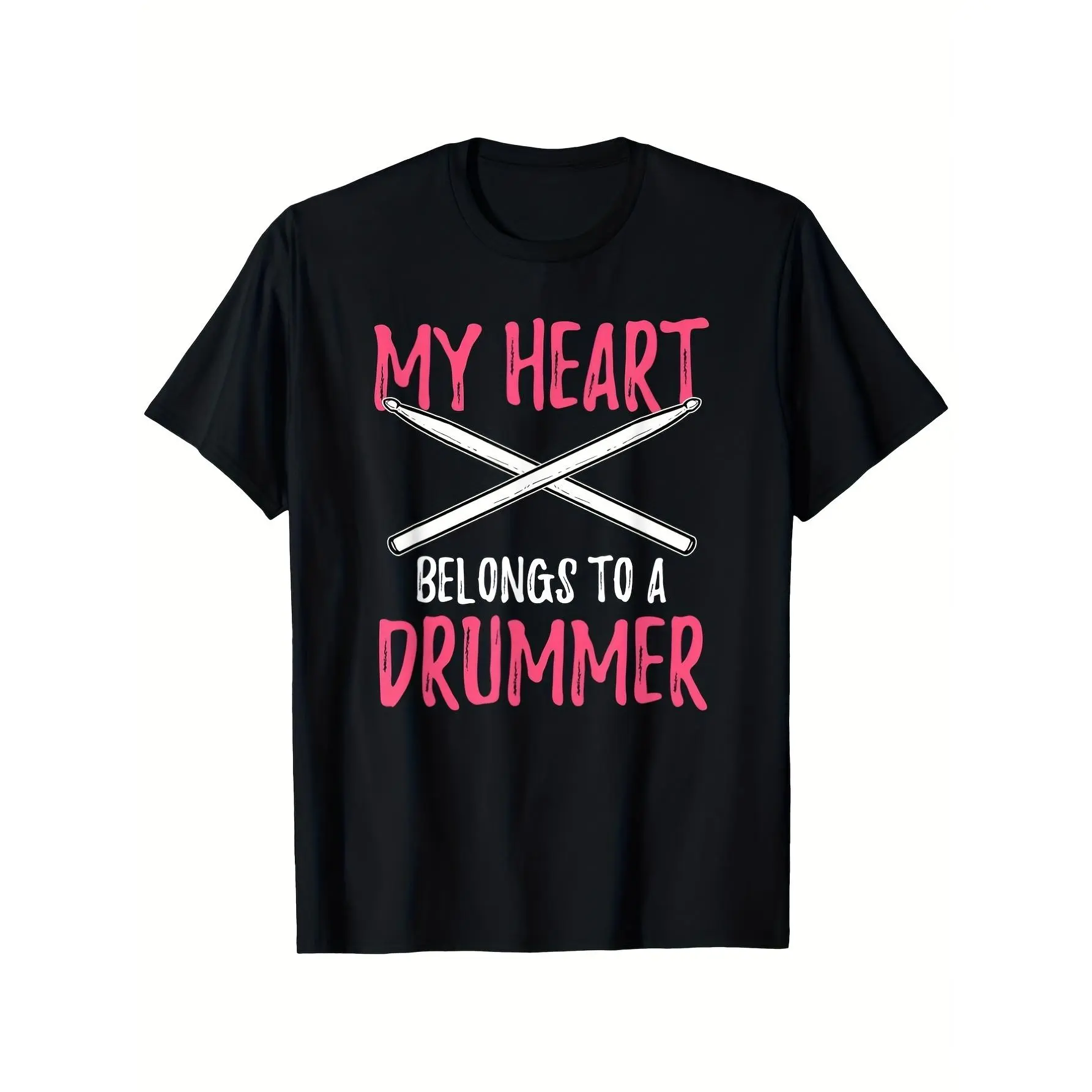 Valentine's Day Drummer T-Shirt - My Heart Belongs to a Drummer Graphic with Crossed Drumsticks 100% 200gsm Unisex Casual Tee for Men & Women S-XXXL Sizes Black - Gift for Drummers Same Style for Men and Women 2026 Summer Short-sleeved Printed