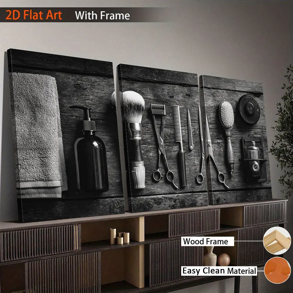 2D flat, 3-piece framed minimalist barber set, vintage barber shop tool wall poster, black and white style wall, classic art print, stylish canvas decorative painting, modern poster, suitable for living room, bedroom, home decoration