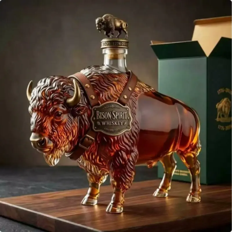 Hand Blown Borosilicate Glass Bison Whiskey Bottle 350ML, Cool Decor for Bars, Luxury Gift Idea, Unique Shape Whiskey Bottle Design, Barware