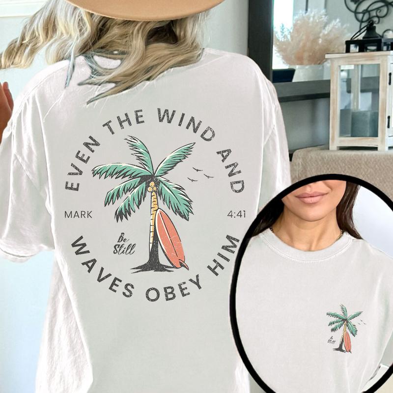 Christian Bible Verse Pattern T Shirt, Beachy Backprint Tops, Trendy Coconut Tree Shirt Unisex Tee Teen Baptism Gift Ocean Inspired Style Womenswear Printed