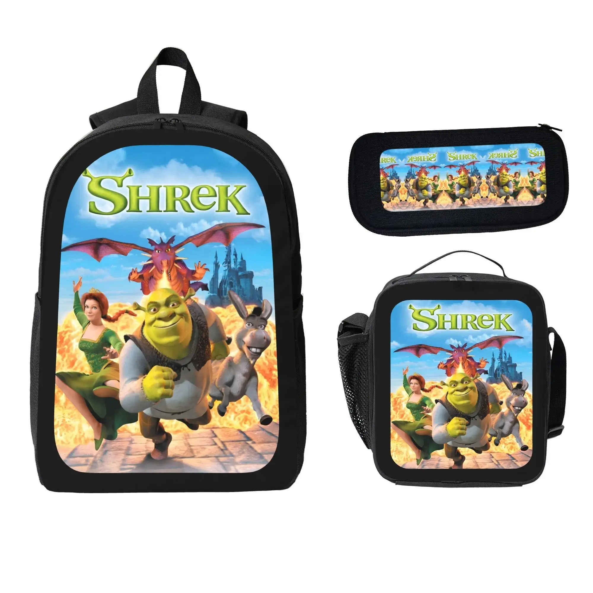 Shrek Anime Cartoon Character All-Over Print 3-Piece Set - 600D Oxford Cloth Large Capacity Backpack with Square Pen Bag, Adjustable Straps, Double Zippers for Commuters, Travelers, Backpacks for School, Family