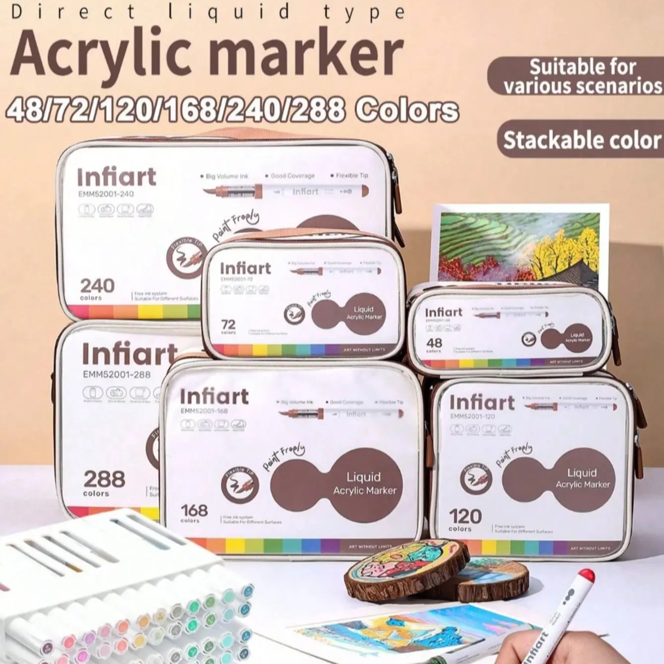 Grasp Infiart Acrylic Markers, 288/240/168/120/72/48 Colors, Waterproof, Scratch-Resistant, Ideal for Beginners & Adults, Professional Quality