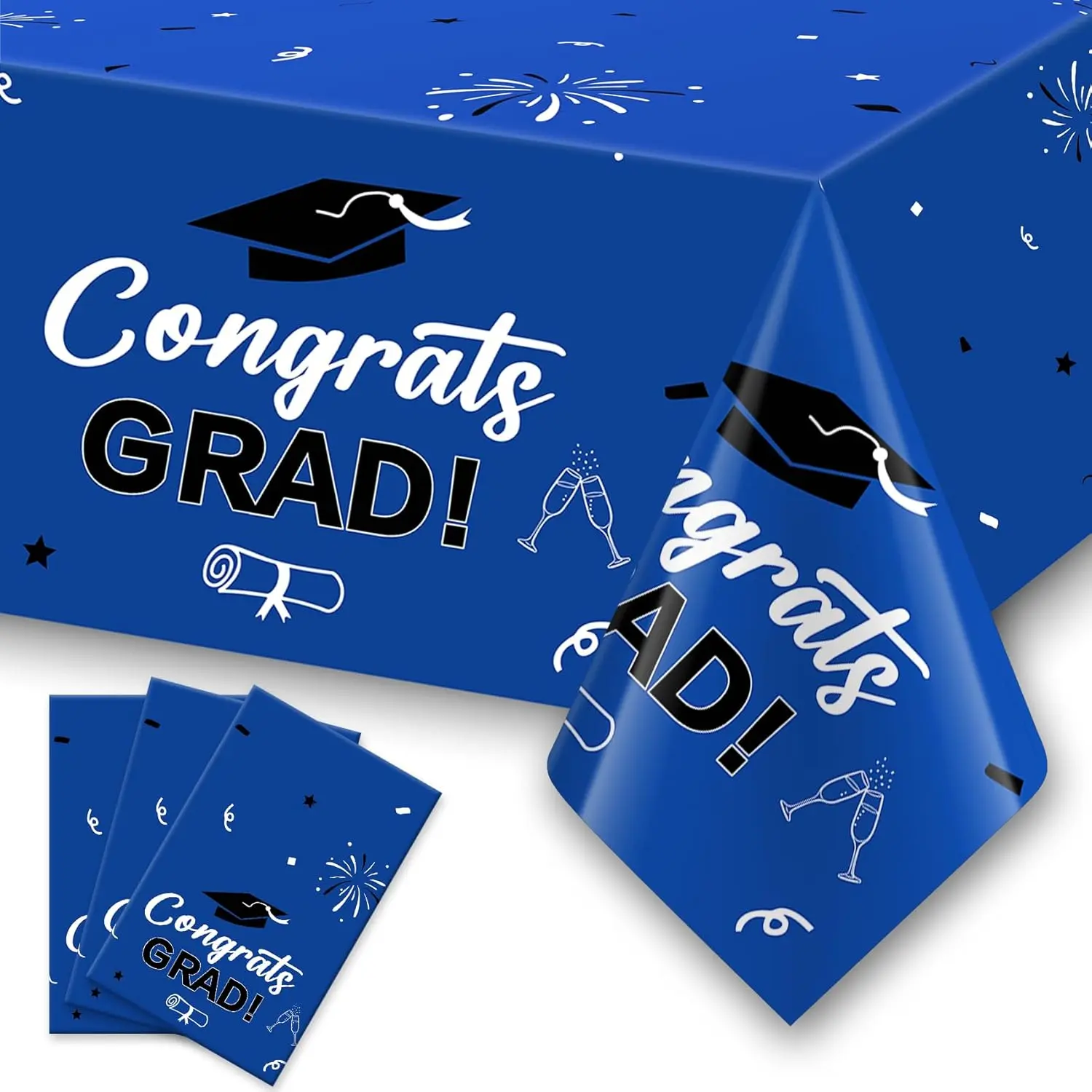 3 Pack Blue Graduation Party Tablecloths, 54 x 108 Inch Disposable Plastic Decorations for Class of 2026 Congrats Grad Celebration, Party Supplies, Congratulatory