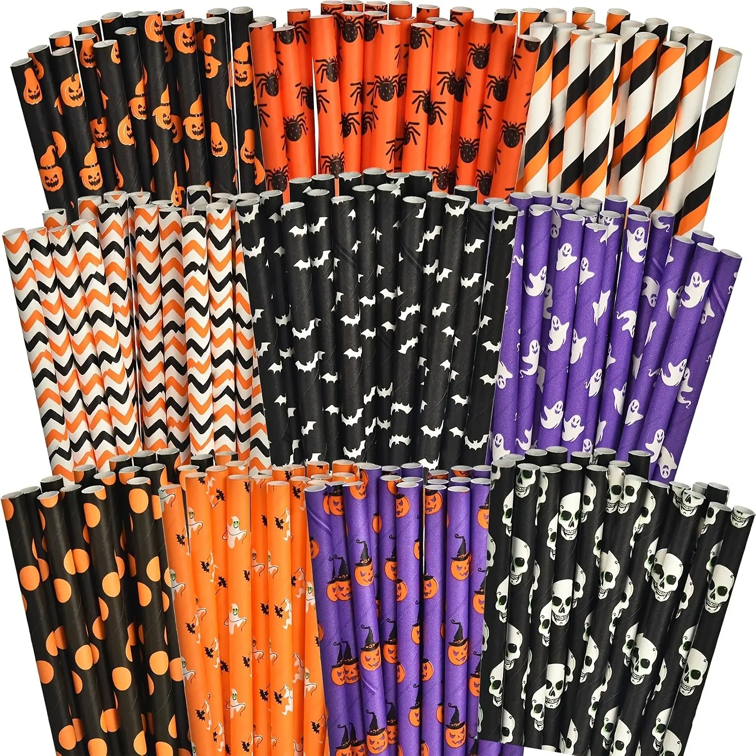 150 Halloween Paper Straws, Pumpkin Bat Spider Web Skull Designs, Party Supplies, Birthday Decor, Disposable Paper Straws