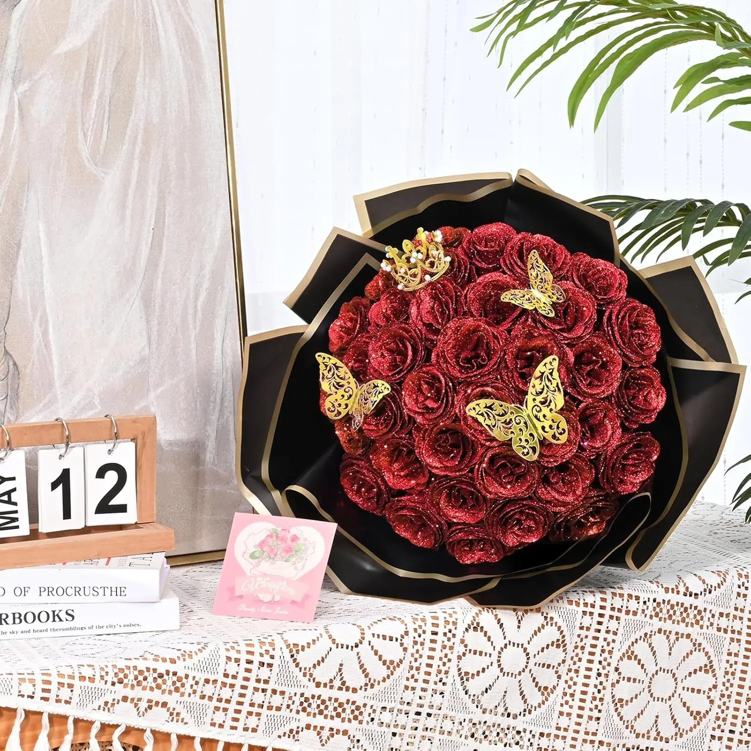 24pcs Glitter Roses Bouquet Set, DIY Fake Flowers with 3D Butterflies, Crowns, Ribbons, Perfect Gift for Women, Valentine's Day, Birthday, Wedding, Decorative Flowers