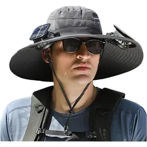 3 Speed Adjustable Hat with Solar Fans Built in (Grey), Fishing Hat with Fan for Men, Solar Fan Hat, Wide Brim Sun Hat with 2 Solar Fan