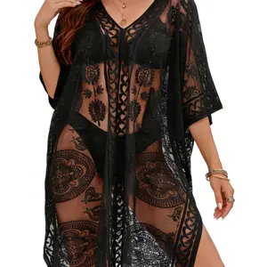 Women's Lace Beach Cover Up | Crochet Kimono | Swimsuit Wrap | Vacation Resort Layer