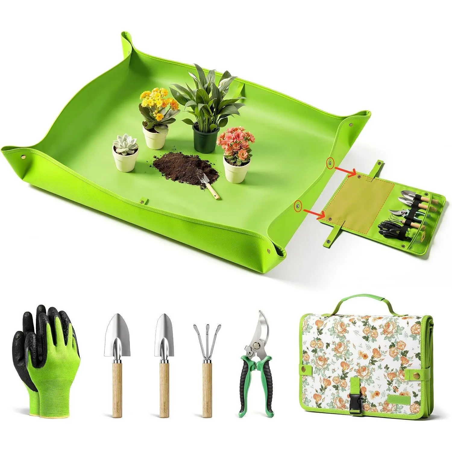 7-Piece Gardening Tools Set, Gift for Women, Beginners, Tools Kit with Plant Repotting Mat & Tool Bag, Stainless Steel Gardening Hand Tools for Indoor Transplanting, Succulent Bonsai Plants