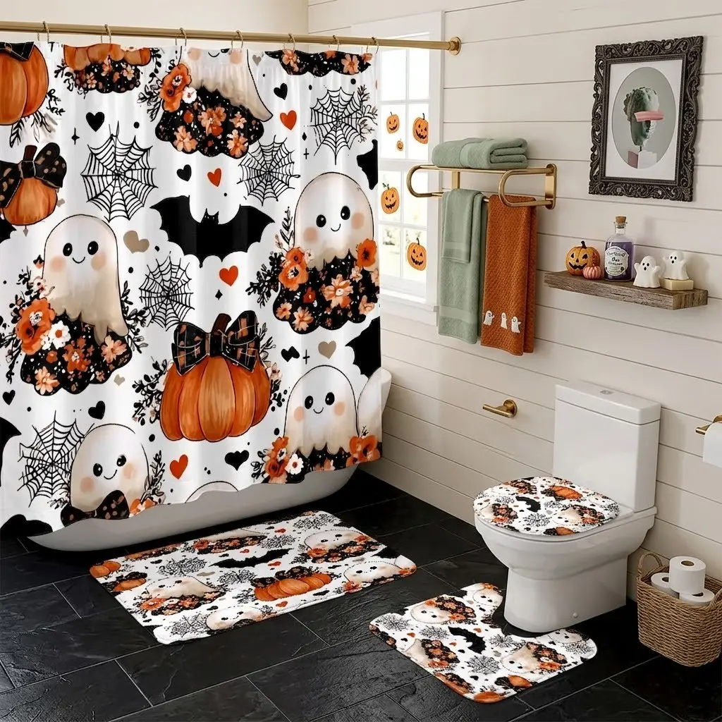 4pcs Cute little ghosts, pumpkins, bats, spiderwebs, and floral pattern Printed Shower Curtain set, including a toilet lid cover and matching non-slip mat, with a thicker and softer floor mat! Super cute cartoon Halloween-themed bathroom set.