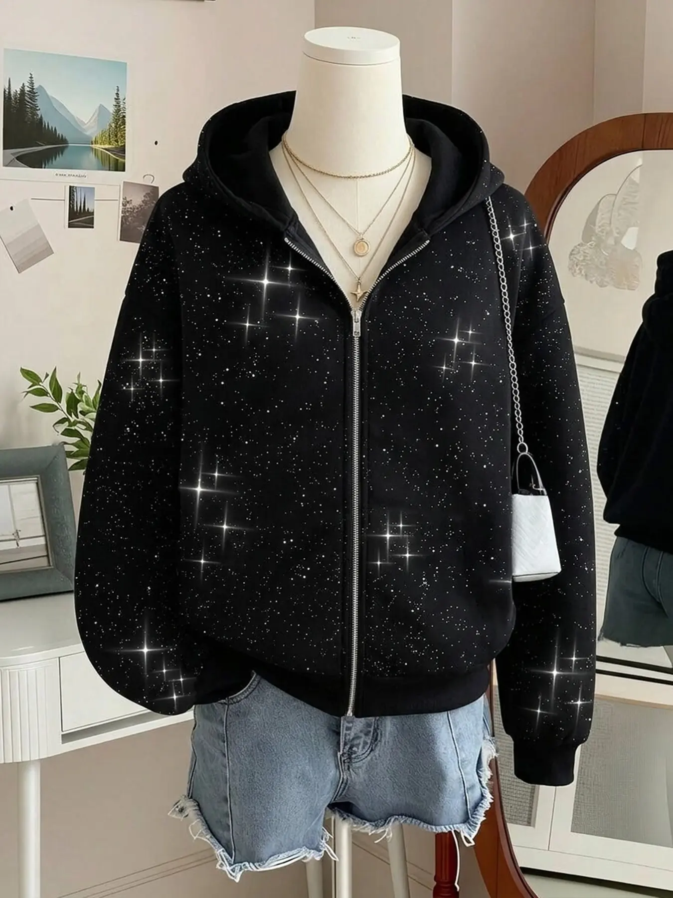 Starry Rhinestone Hooded Sweatshirt Women, Loose Fit Short Sleeve Zipper Outerwear, Casual Fall & Winter Fashion