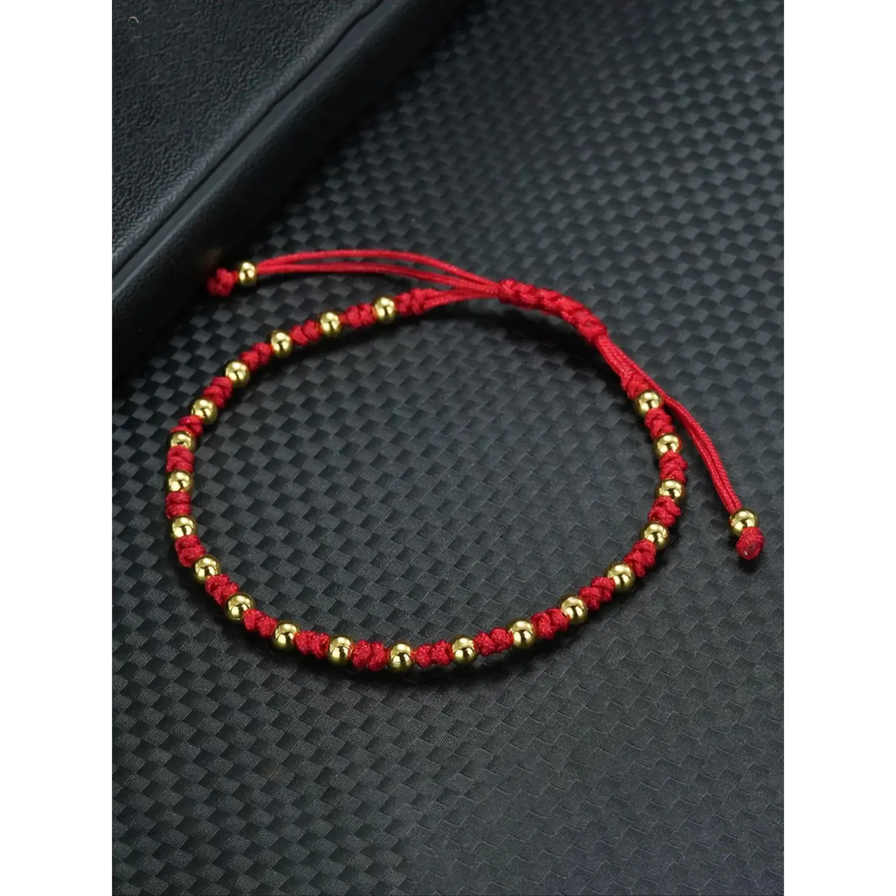 Handwoven Adjustable Polyester Rope Beaded String Bracelet - Smooth Mini Gold Ball Wrist Band with Sliding Knot, 2 Colors Black/Red, Lightweight Dainty Minimalist Lucky Charm Jewelry, Daily Wear Gift for Men Women