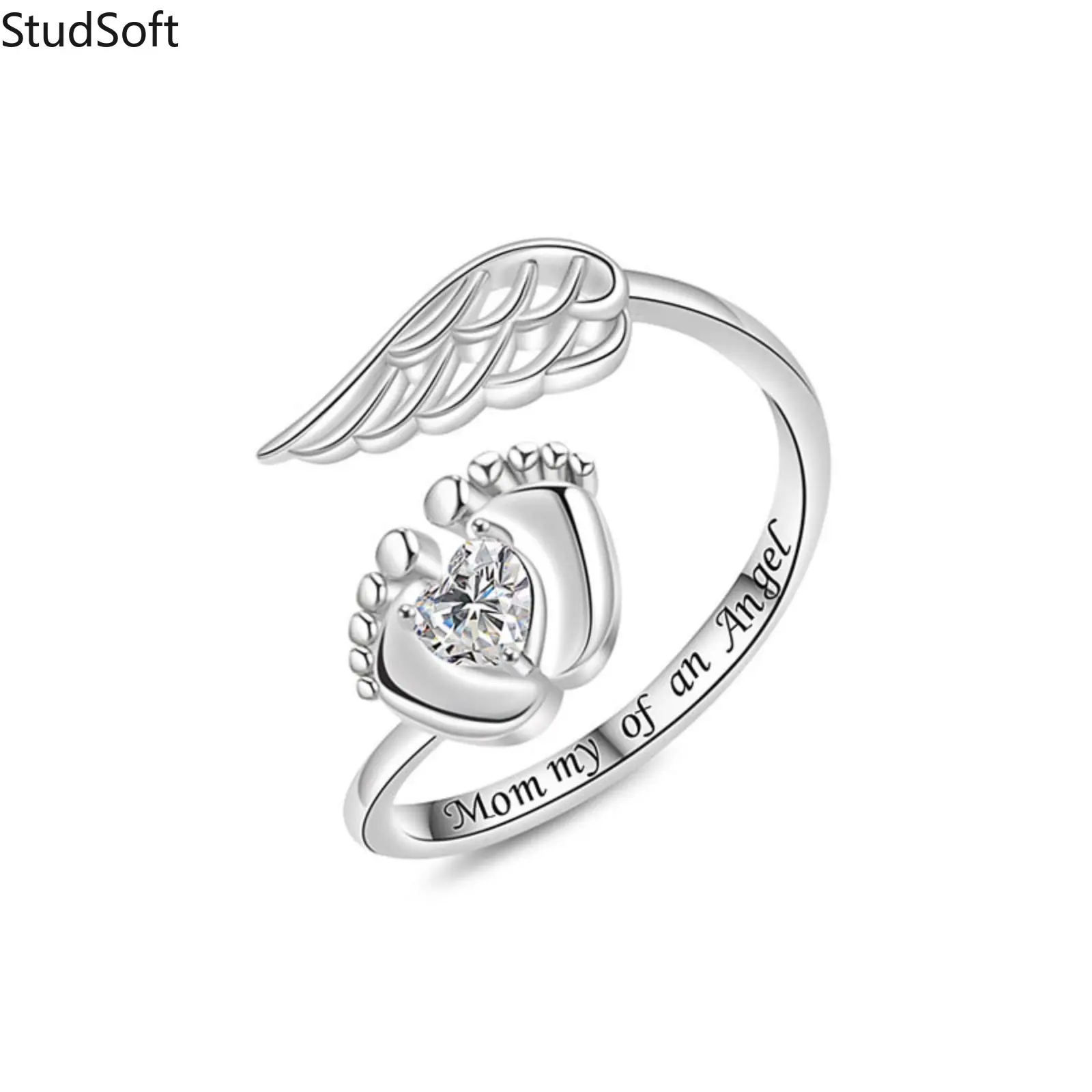 Women 925 Sterling Silver Ring Angel Wing Baby Feet Open Rings Fashion Miscarriage Memorial Jewelry Cute Mommy of an Angel Remembrance Gift for New Mom
