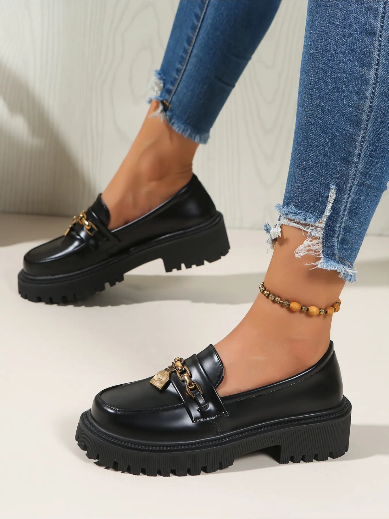 Edgy Black Platform Loafers Metal Buckle Chunky Sole Preppy Style Shoes