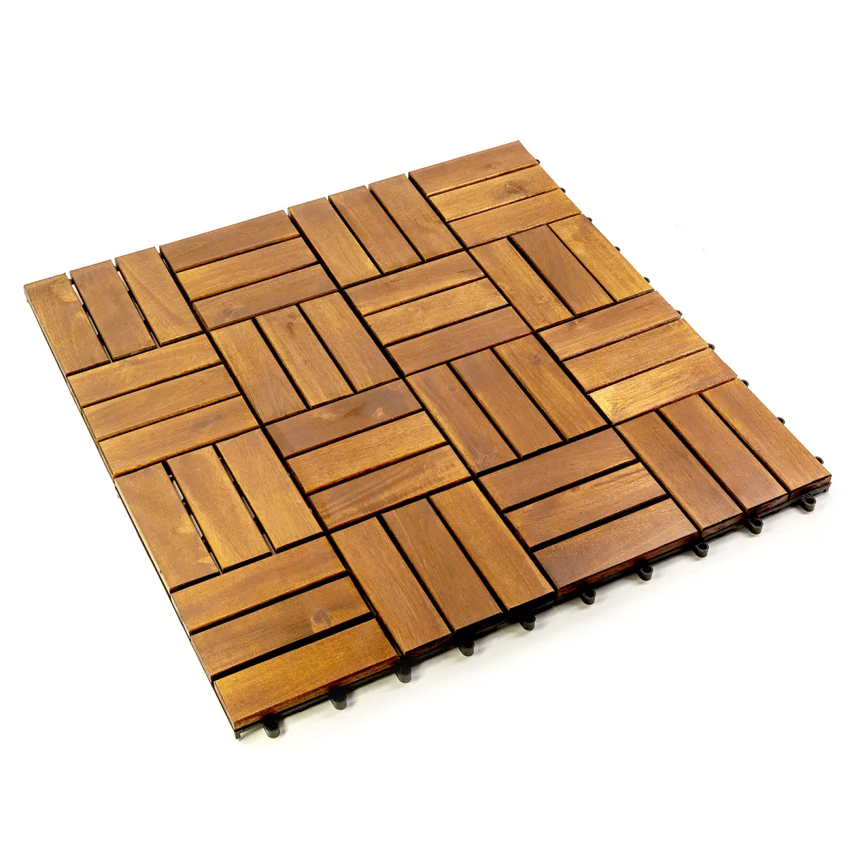 10-Pack 12"x12" Acacia Wood Interlocking Deck Tiles – 12-Slat Weatherproof Checkerboard Design, Quick-Drain Non-Slip Modular Flooring for Patio, Shower & Walkway