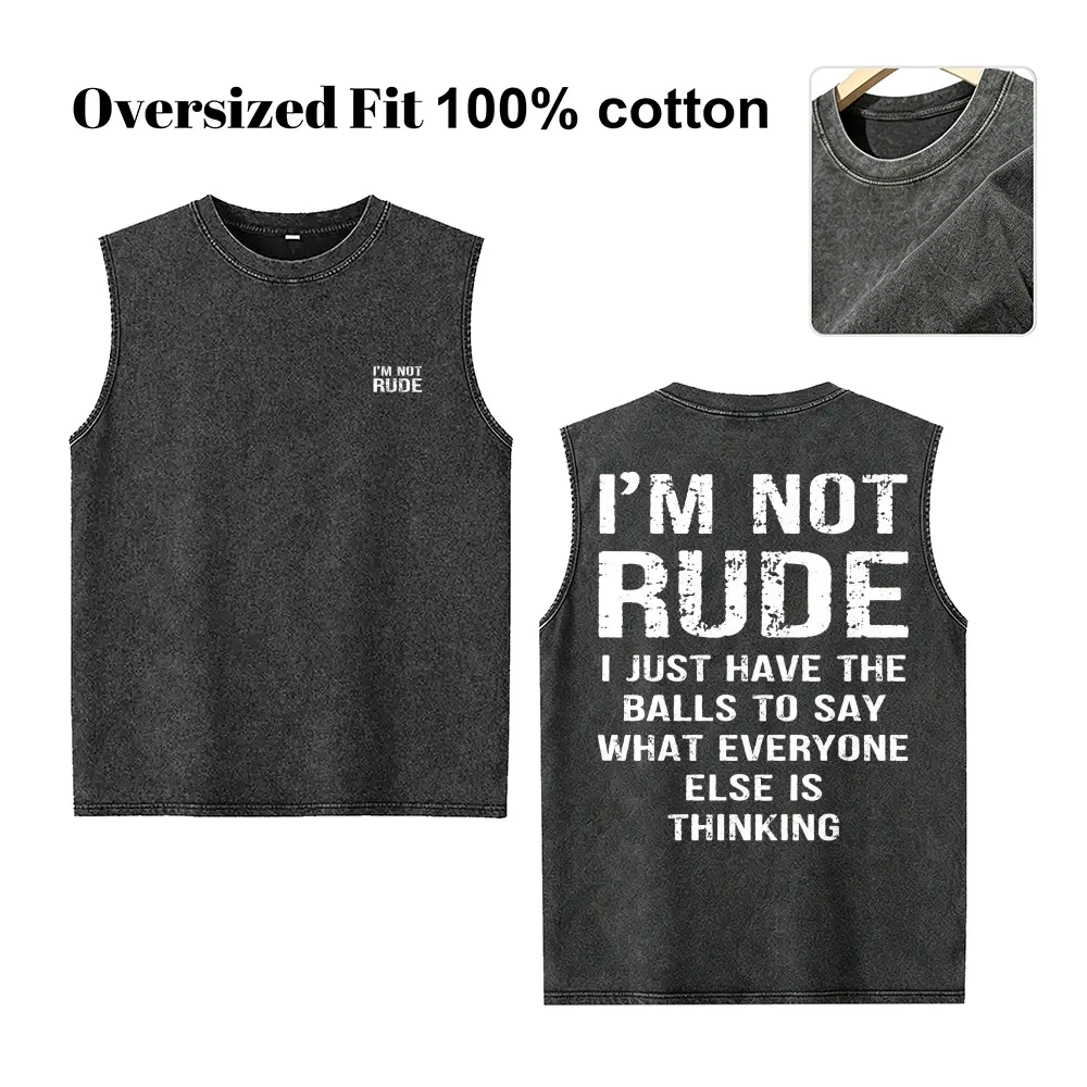 Men's Sleeveless Shirt "I'm Not Rude" Novelty Slogan Printed Tank Top, Gym Stringer Weightlifting Vest, Relaxed Fit Outdoors Beach Volleyball Outfit