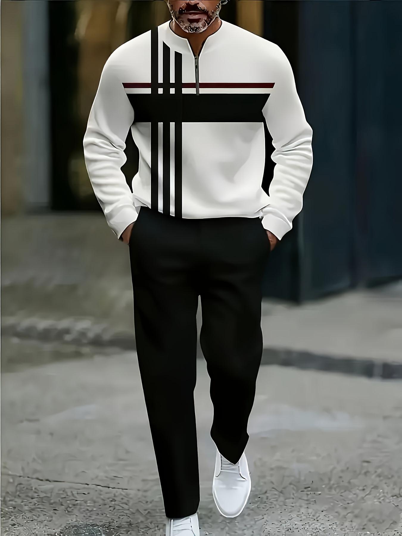 Half Zipper Fashion Casual Set with Trendy Personalized Stripe Design Simple Comfortable Versatile for Various Occasions Half Zipper Fashion Casual Set with Trendy Personalized Stripe Design Simple Comfortable Versatile for Various Occasions