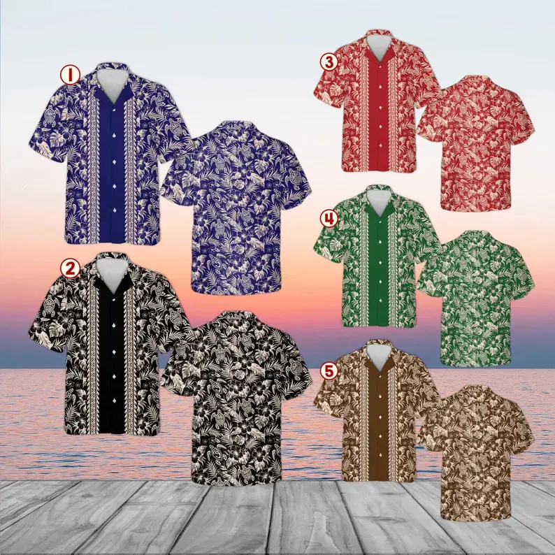Hawaiian Turtle Shirt, Polynesian Tribal Aloha Shirt, Hibiscus Floral Beach Wear, Men Women Unisex Summer Button Down, Tropical Gift