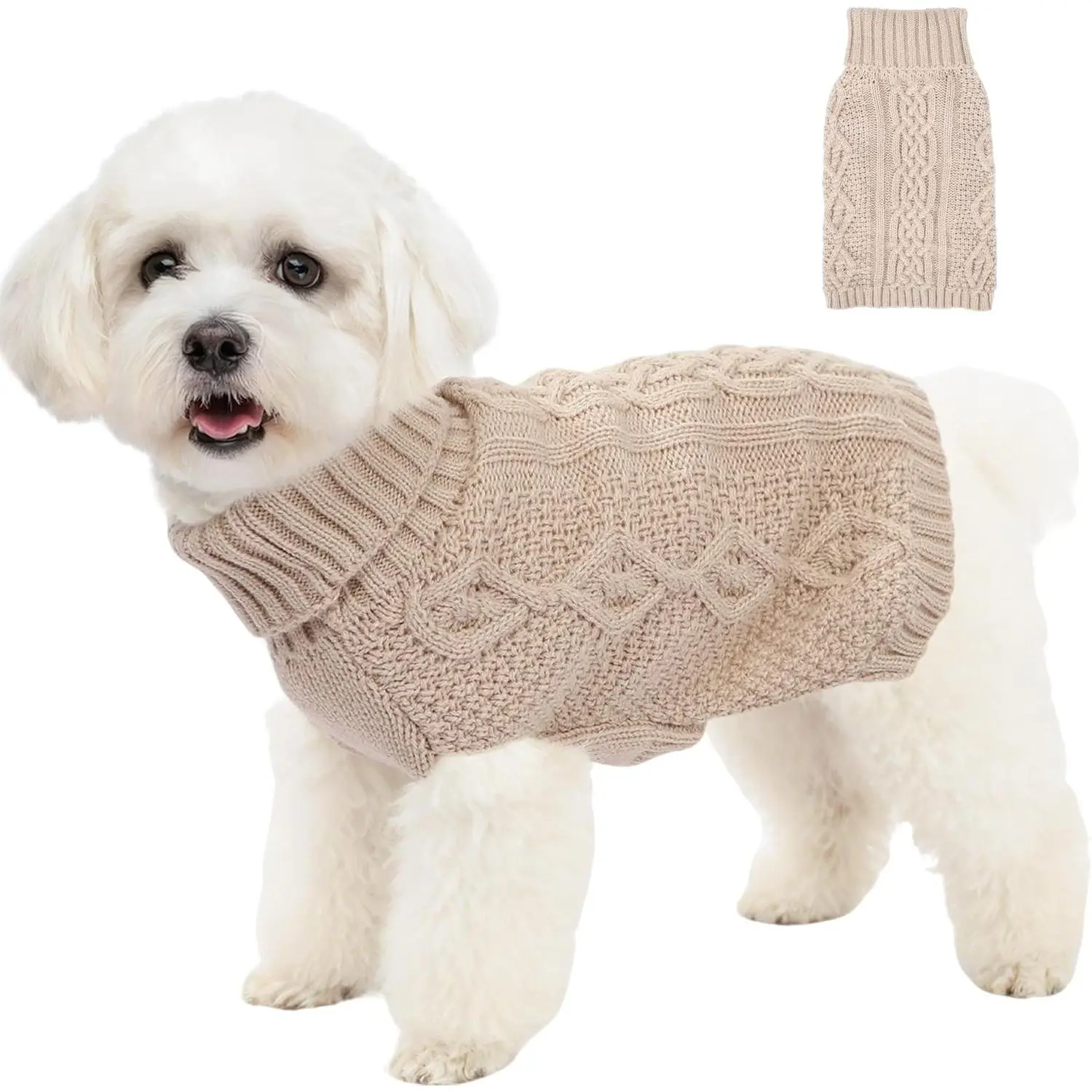 Warm Turtleneck Knitted Fabric Dog Pullover - Twisted Look, Dachshund Fit, Sleeveless Small Dog Warm Wear, Beige Medium Pet Outfit