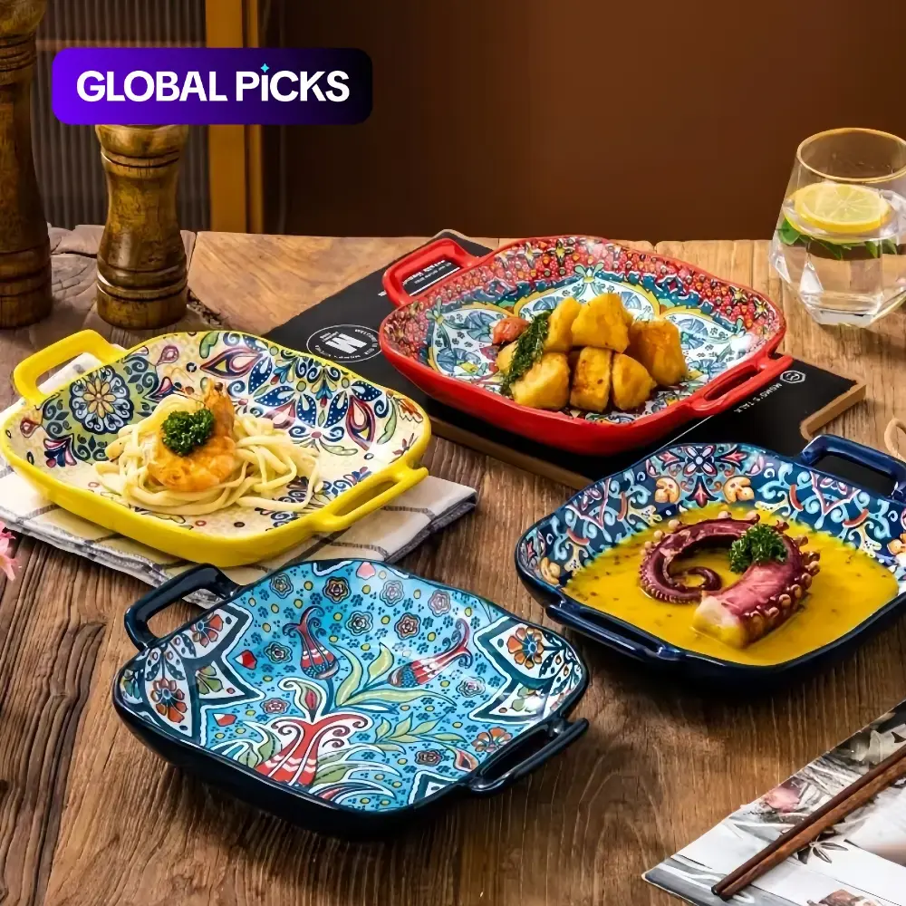 Bohemian Ceramic Square Serving Plates with Handle, 4 Counts/set Salad Plates for Home Kitchen and Dining Room Decorative Plates #GLOBAL PICKS