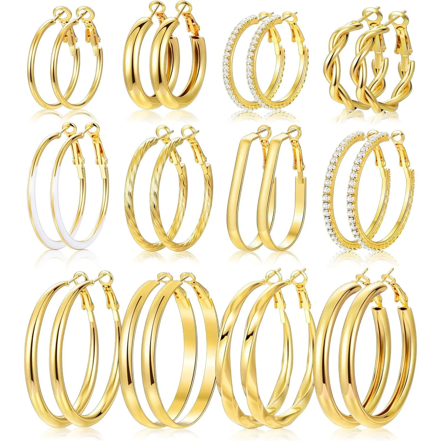 12 Pairs  Hoop Earrings Set for Women, Lightweight Hoop  | Large hoop earrings, 30mm 40mm 50mm sizes, Lightweight design, 14K  plated, ,