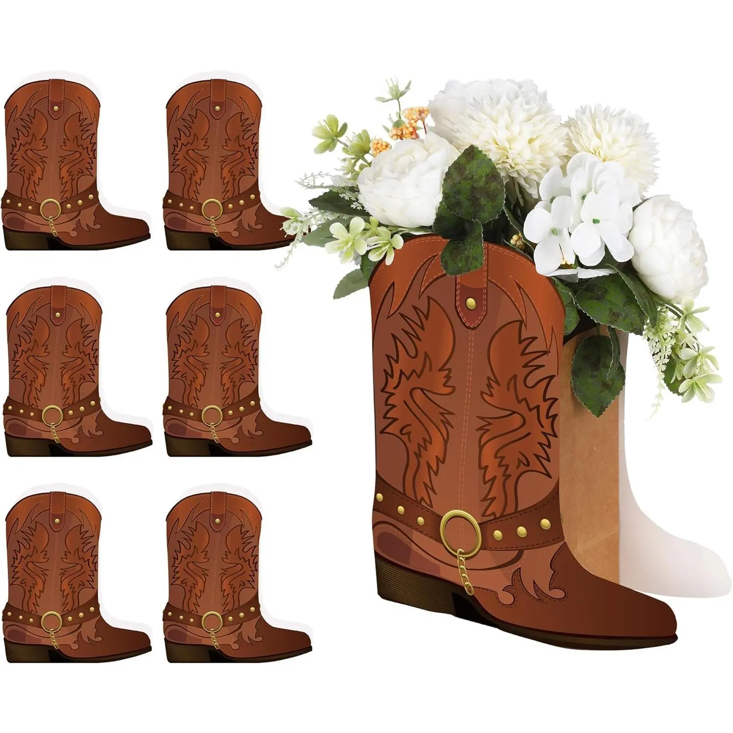 8-Piece Brown Western Cowboy Boot-Shaped Flower Boxes, Country Rustic Irregular Centerpiece Table Decor for Cowboy-Cowgirl Birthday Party & Wedding Supplies, Rust
