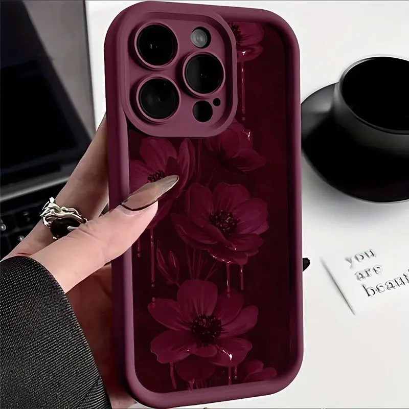 Aesthetic Burgundy Transparent Vintage Rose Floral Soft Silicone Phone Case For iPhone X XS XSMax 11 12 13 14 15 16 17 Plus Pro ProMax Mini Shockproof Raised Camera Lens Anti-Scratch Protective Cover, Accessories, Fits Ios, Iphone Series