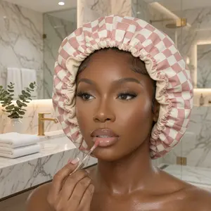 Women's 3-Layer Dual Waterproof Plaid Shower Cap, Satin Lined Premium Hair Care Bath Cap, Reusable Soft Elastic Bath Hat for Long Thick Curly Hair Protection