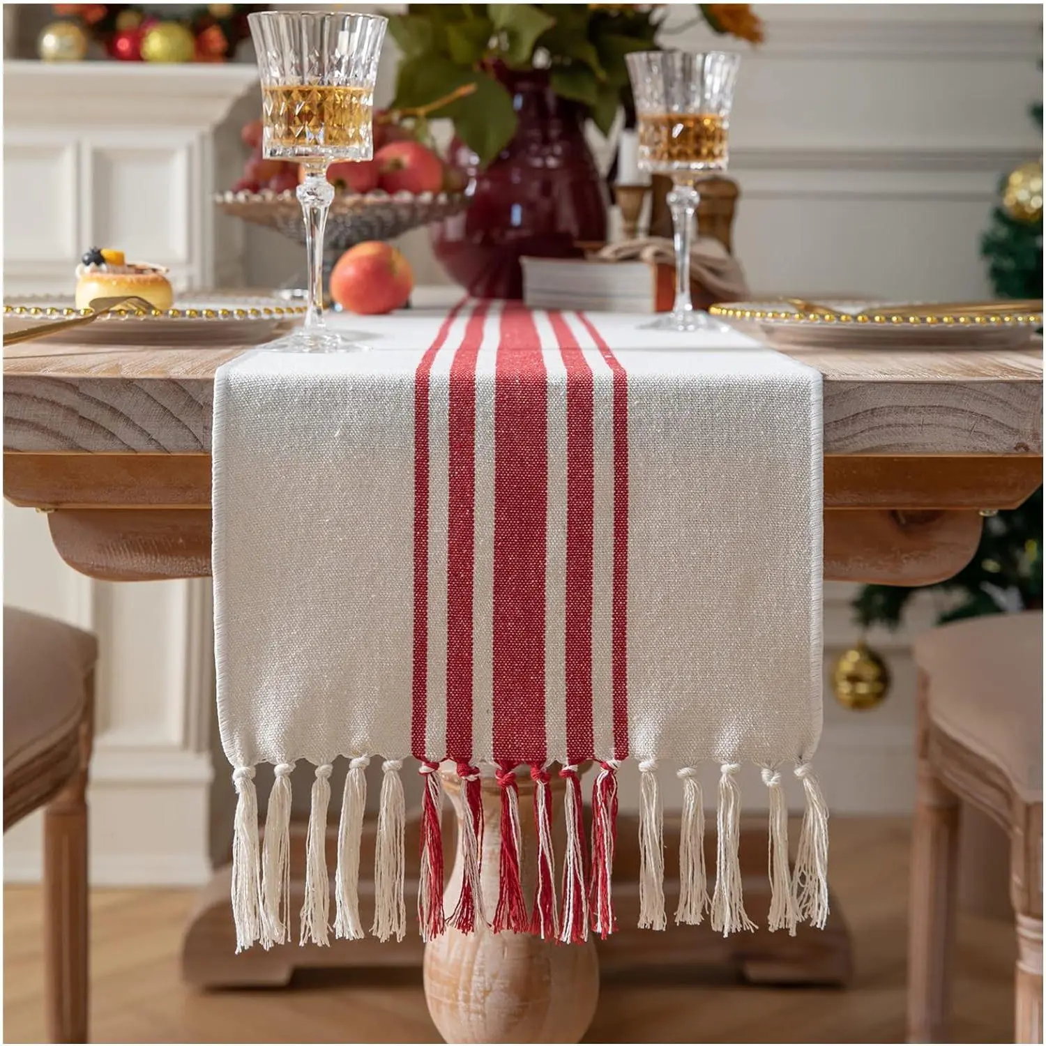 Christmas Table Runner 13 x 90 Inch for Dining Table, Boho Christmas Decorations Coffee Table Runner with Handcrafted Tassels, red and Beige Stripe Table Runner for Holiday, Winter