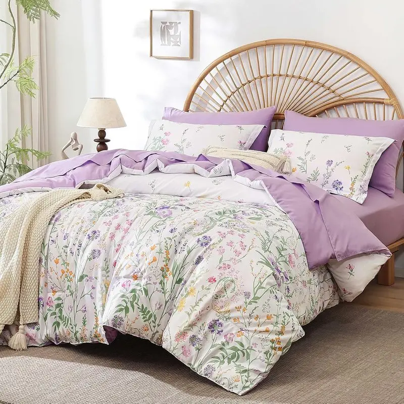 Queen Bed Comforter Set - 7-Piece Purple Floral Microfiber Botanical Bedding, Soft Bed in a Bag Queen Comforter Set