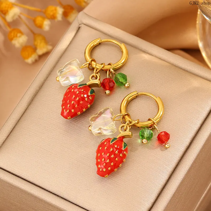 Enamel Strawberry Dangle Huggie Earrings, Gold Tone Crystal Flower Charm Drop Earrings, Sweet Fruit Fashion Jewelry